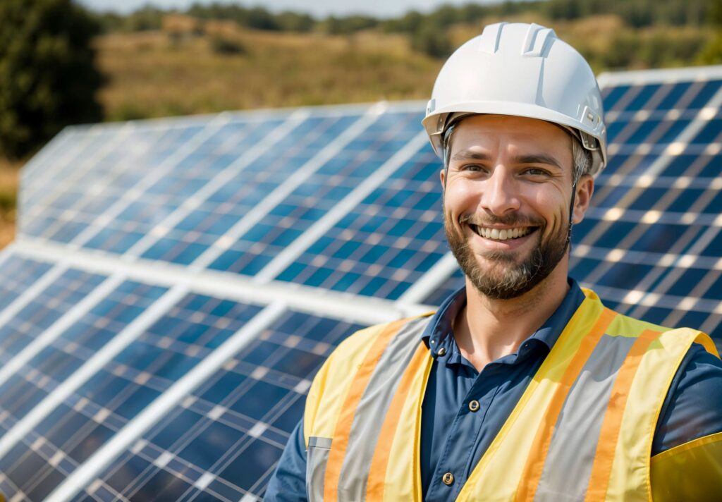 Homem sorrindo com capacete branco e colete amarelo, instalador de equipamentos solares, atrás são placas fotovoltaicas